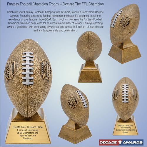 Image of Decade Awards Fantasy Football Champion Trophy, Gold or Silver / 6 or 12 Inch Tall - Engraved Plate on Request