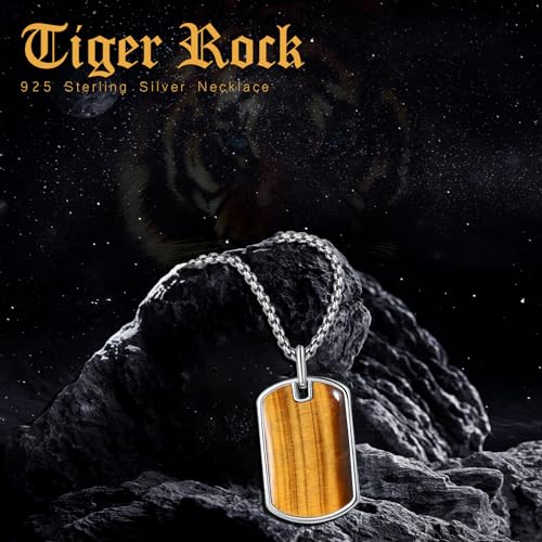 S925 Sterling Silver Dog Tag Pendant Necklace for Men Tigers Eye/Blue Sandstone/Malachite Jewelry Gift for Men with Stainless Steel Rolo chain 20+2"3