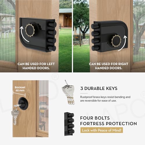 Image of LAPO Mega Bolt Main Door Deadbolt Lock, Heavy Duty Four Bullet Security Door Lock, One Side Key Mechanism, Universal Fit for Right & Left-Hand Wooden Doors, 3 Years Warranty(Black Finish)