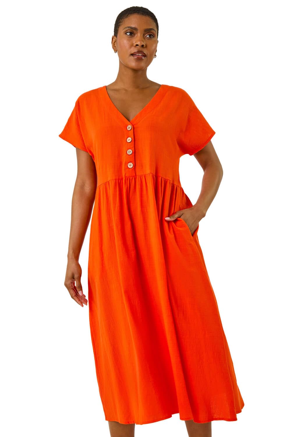 Roman Originals - Women's - Button Midi Dress - Orange - Size 14