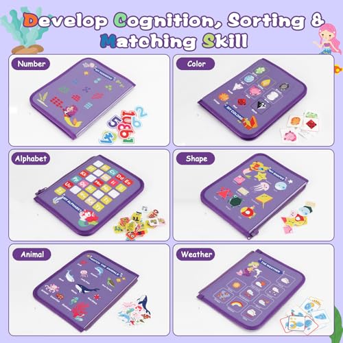 Image of Montessori Busy Board for Toddlers 3-6, Soft Sensory Activity Book with Life Skills, Cognition, Sorting, Matching, Travel Toys for Airplane Car, Gift for Girls Boys 3+ Years Old (Mermaid)
