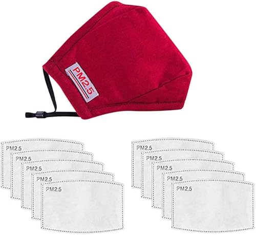 Miniatura 2 de 1 cubrebocas de algodón para adultos y adolescentes y 10 insertos de carbón activado para actividades al aire libre, color rojo