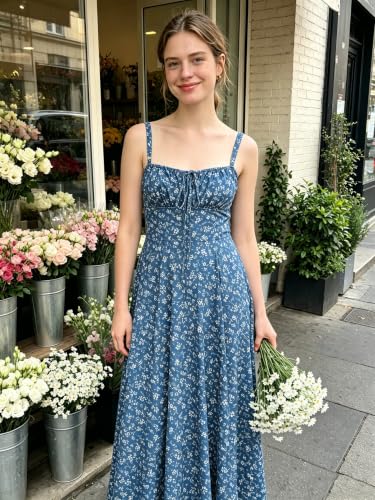 Image of YATHON Women's Summer Midi Corset Boho Dresses Spring Casual Floral Spaghetti Straps Lace Up Dress Flowy Aline Beach Sundress