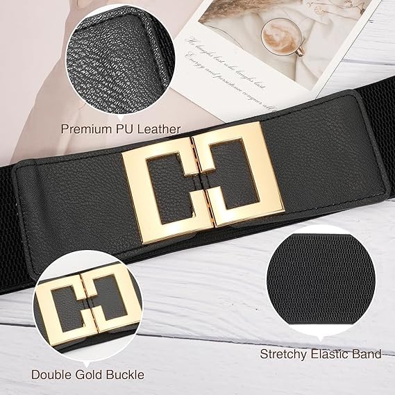 Wide Elastic Belts for Women Dresses Fashion Stretchy Waist Belt with Gold Buckle3