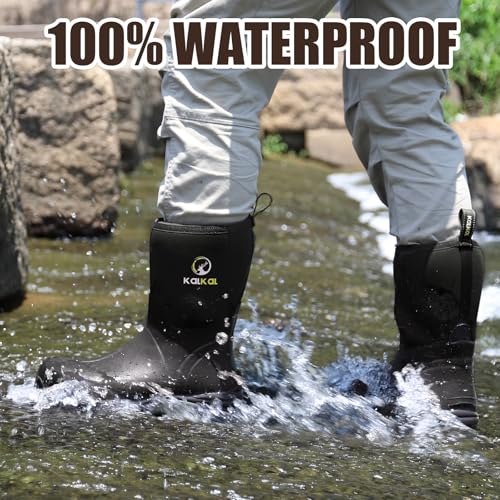 Image of Kalkal Rubber Boots for Men, Waterproof Mid Calf Mens Rain Boots, 6mm Neoprene Insulated Mens Rubber Work Boots for Hunting Gardening Farming Fishing Mud Working, Size 7-14