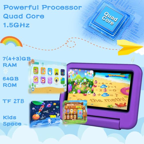 Image of Oangcc 7 Inch Tablet Android 13 Tablets, Wi-Fi 6, BT 5.0, 7GB RAM+ 64GB ROM (TF 2TB) | 3500mAh | 1024 x 600 Pixels | EVA Proof Case (Purple)