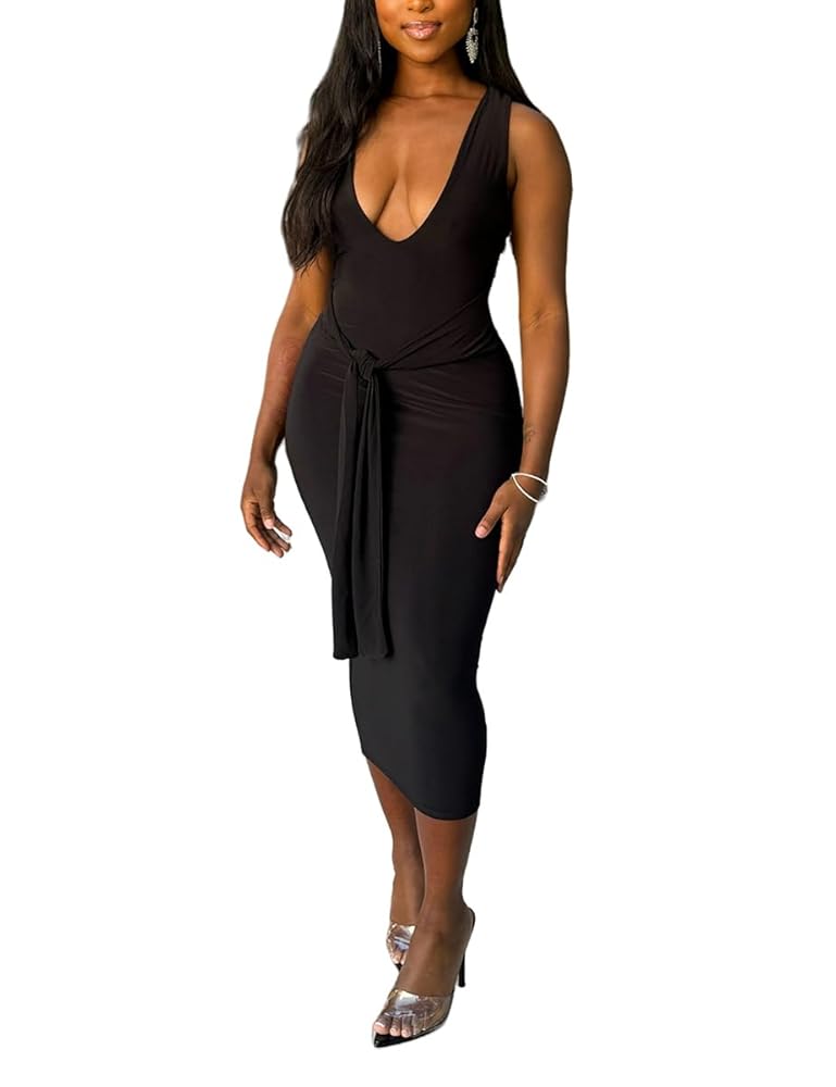 Amazon.com: WOKANSE Tie Waist Dress Women Bodycon Sleeveless