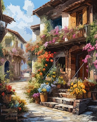 Flowers Town Paint by Numbers for Adults Kids Beginners Italy City Street Flowers DIY Acrylic Painting Gift Kits Drawing Paintings Pictures Arts Craft for Home Wall Decor16x20inch Frameless