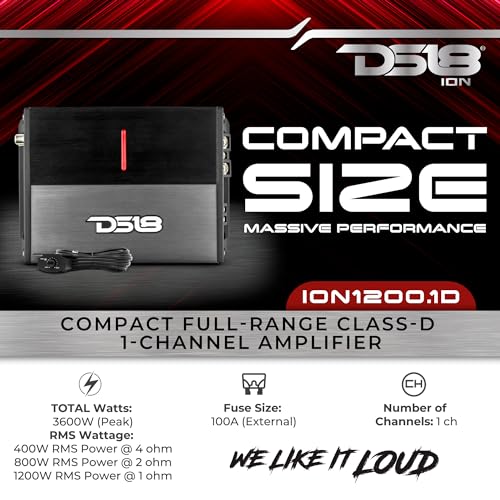 DS18 ION1200.1D Powerful and Compact Monoblock 1 Channel Amplifier Full Range 1200 Watts RMS @ 1-Ohm Class D - Micro Digital 1-Channel Car Amplifier - Remote Subwoofer Level Control Included - Image 3