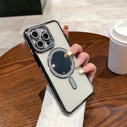 Coque magnétique à paillettes noire pour iPhone 16 Pro Max et 15 14 13 Pro