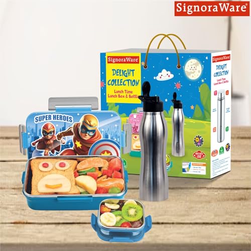 Image of SIGNORA WARE Delight C Nugget Stainless Steel Printed Lunch Box Set for Kids | Airtight Lid with Clip Lock | Compact & Sleek Size | Great for Picnics & Outdoors (700ml + 130ml + 750ml Bottle | Blue)