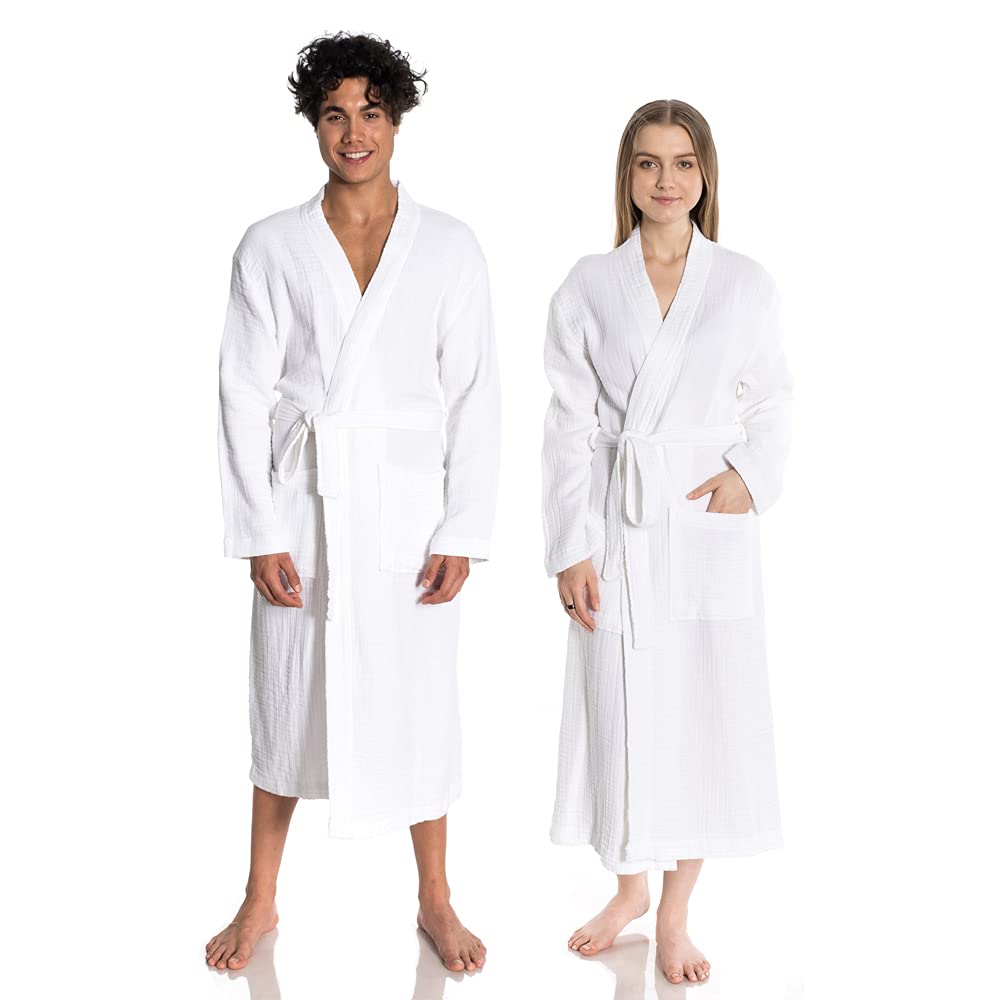 ORMES Muslin Unisex Bathrobe Women & Men, 100% Cotton Kimono Lightweight Robe | Long Robes Soft, Absorbent, Spa robes