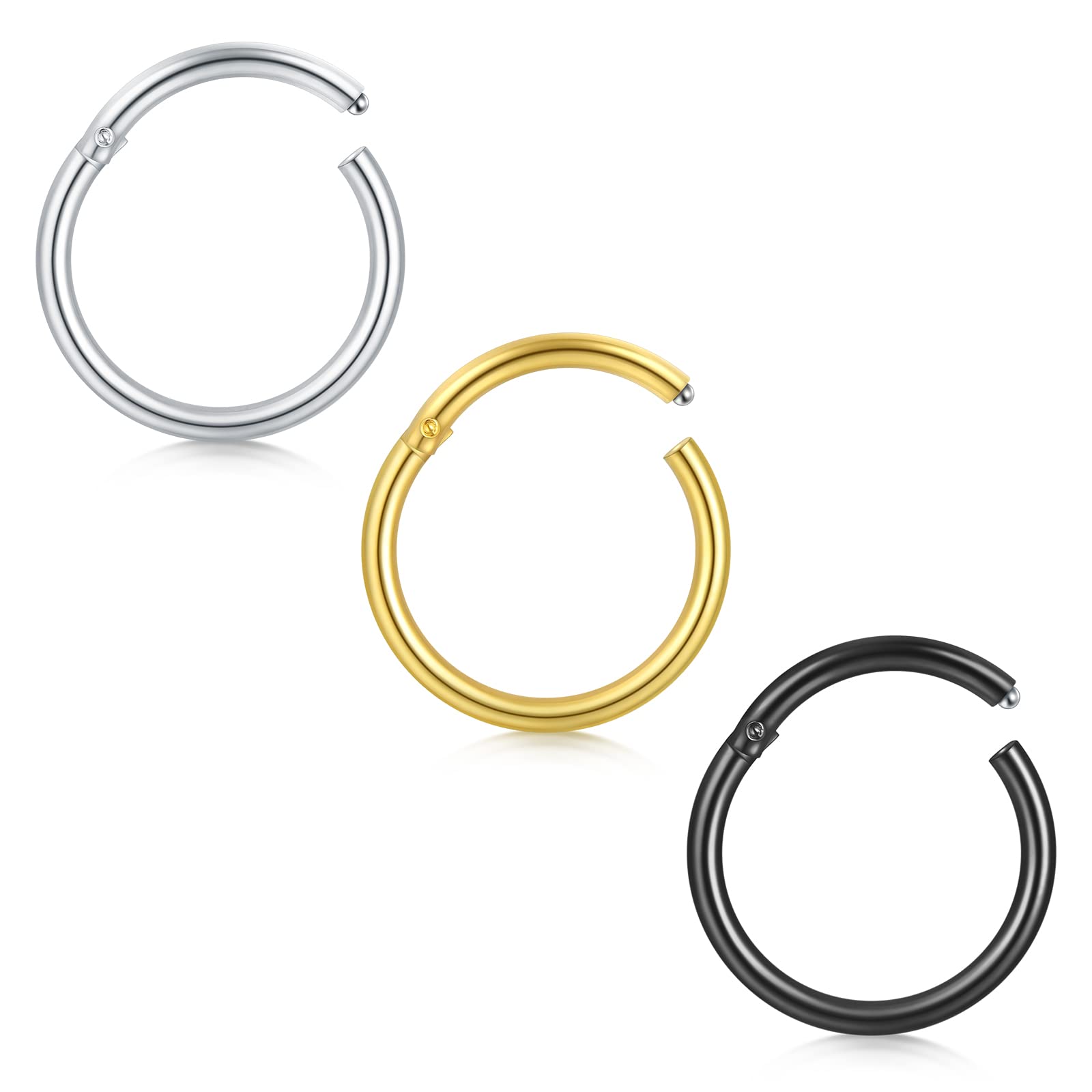 AceFunHinged Nose Rings Hoop Segment Clicker Stainless Steel Lip Helix Cartilage Tragus Earrings 18G 20G 6/7/8/9/10mm Silver-Black-Gold