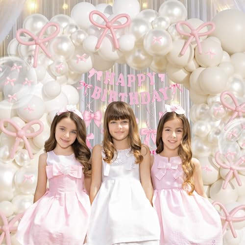 Image of Pearl Balloon Arch Kit, JOGAMS 199Pcs White Bow Balloon Arch Kit with 260 Clear Balloons Pink Ribbon Bow for Coquette Bow Theme Birthday Baby Shower Wedding Bachelorette Bridal Shower Party