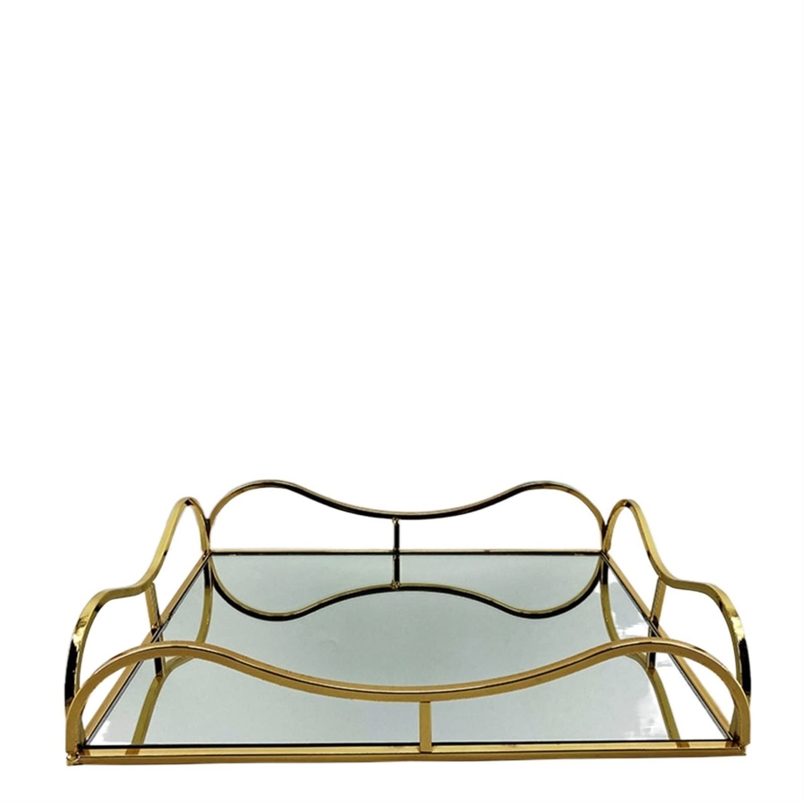 JINGYAN Breakfast Trays Gold Metal Rectangle Candle Mirror Glass Tray Serving Dresser Dressing Table Perfume Jewelry Makeup Decorative Vanity Organ