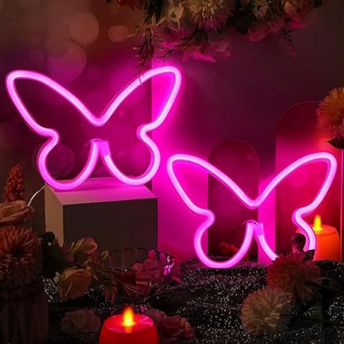 Image of 2PCS LED Neon Light Sign Butterfly Neon Signs Home Night Lights for Kids' Bedroom Decorative lamps Wall Art Romantic Christmas Birthday Gift