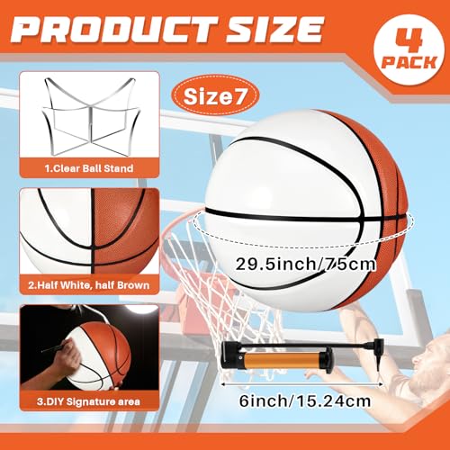 Hiboom 4 Pcs Autograph Ball with Acrylic Ball Stand 4-Panel Blank Signature Official Ball for High School College Coach Gift Christian Charity Donation, 29.5 Inches (Basketball,Size 7)