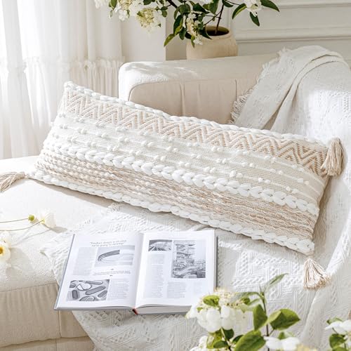 BlissBlush Cream Decorative Lumbar Throw Pillow Cover 14x36 Boho Long