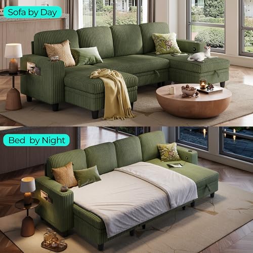 Image of LINSY HOME Sectional Sleeper Sofa Pull Out Couches for Living Room (Green, Sleeper Sofa 3) | Pull Out Sofa Bed, Storage, USB Charging, Cup Holders, Plush Corduroy
