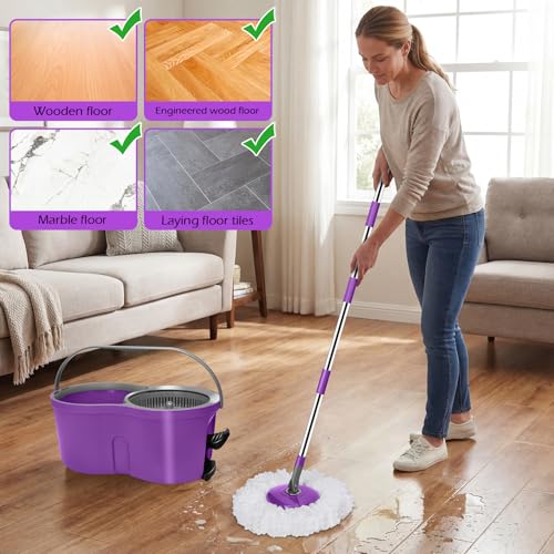 Almcmy Spin Mop and Bucket Set, Mop Bucket with Foot Pedal Wringer System, 3 Reusable Mop Refills, 130cm Long Handle, Easy Wring Magic Mop Floor Cleaning System, Purple by Almcmy - Image 9