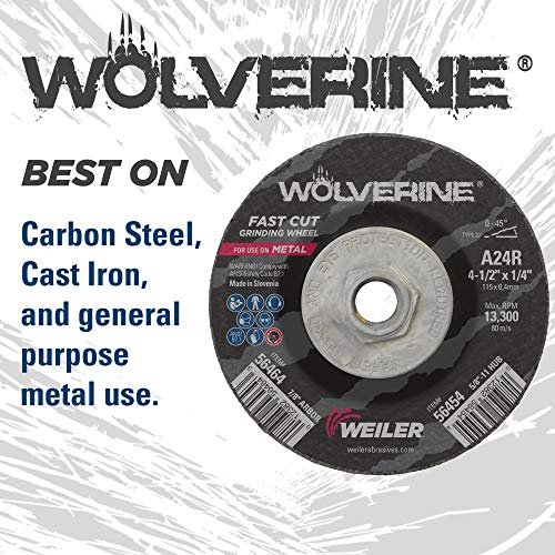 Image of Weiler 56464 4-1 /2 inch X 1 /4 inch Wolverine Type 27 Grinding Wheel, A24R, 7 /8 inch A.H. (Pack of 10)