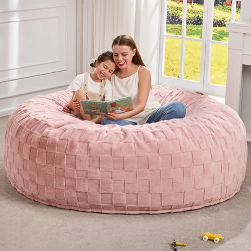 Image of Hobestluk Giant Bean Bag Chairs 6FT Oversized BeanBag Chair for Adult Jumbo | Memory Foam,Washable Cover,Unique Fluffy Plaid,Comfy Bean Bag Bed with Filler Gaming Reading Bedroom Living Room | Pink 6FT