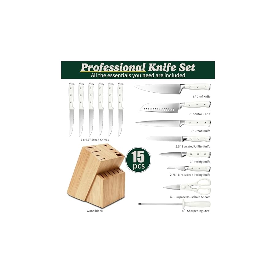 Knife Set, 15 Piece Premium Chef High Carbon Stainless Steel Kitchen Knife Block Set, Razor-sharp, Ergonomic Forged Triple Rivet Handle, Professional Knife Set for Kitchen, Dishwasher Safe(White)