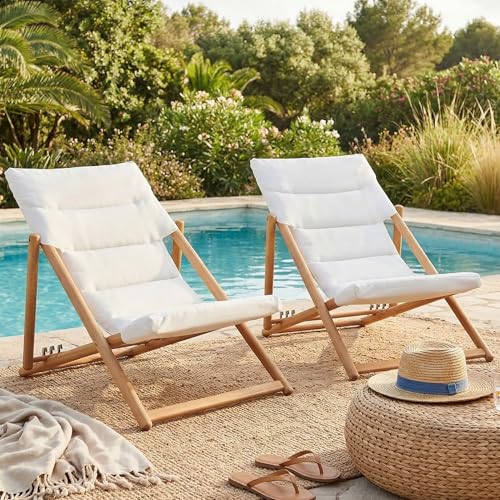 S Outdoor, Patio Chairs With Cushions, 3-position Adjustable Patio Lounge Chairs Set Of 2, No Assembly Required Eucalyptus Patio Recliners For Pool/deck/balcony, Beige