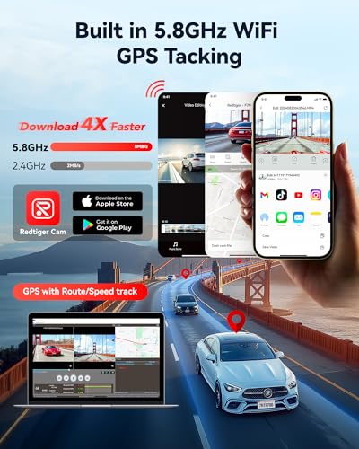 Image of REDTIGER 4K HDR Dash Cam Front and Rear, STARVIS 2 Sensor, 5.8GHz WiFi APP, 3.18 inch Touchscreen, Voice Control, 128G Card Included, WDR, Dash Camera for Cars with GPS, 24H Parking Mode(F7N Elite)