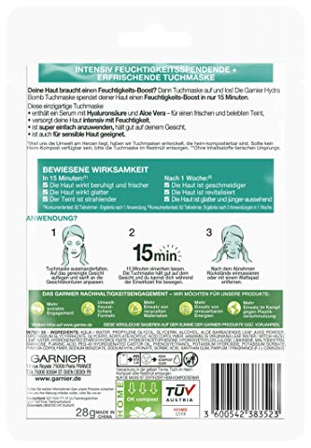 Garnier Cloth Mask, Face Mask for All Skin Types, Refreshing and Moisturising, with Hyaluronic Acid and Aloe Vera, Hydra Bomb, 28 g - Image 3