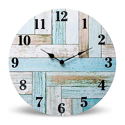 NIKKY HOME 16 Inch Beach Teal Wall Clock, Rustic Silent Noiseless Spliced Wooden Coastal Nautical Battery Operated Clock for Bathroom, Kitchen