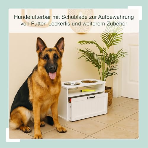 Relaxdays Futterstation Hund, 2 Hundenäpfe, Stauraum, HxBxT: 42 x 60 x 30 cm, erhöhte Hundebar, MDF, Hundeschrank, weiß