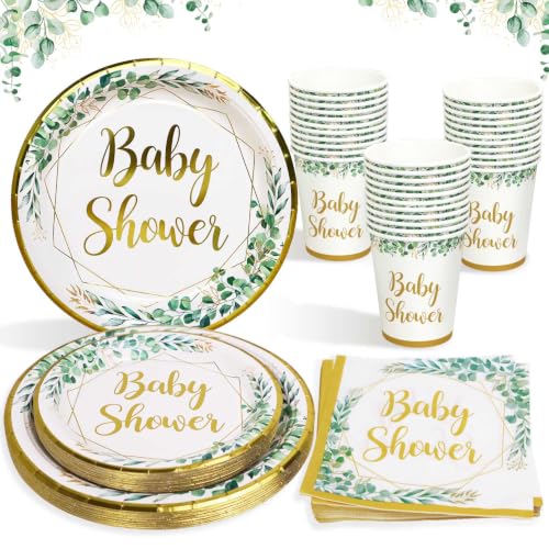 Heboland Babyparty Deko Neutral Partygeschirr Set für 25 Personen, 100 Stück Grün Gold wiederverwendbare Karton Pappteller Becher Servietten für Baby Shower Junge Mädchen
