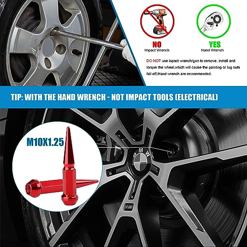 Image of JiiinMiiin M10x1.25 Long Steel Spike Lug Nuts, Thread Pitch 10x1.25, Set of 16 ATV Wheel Nuts with A Socket. [Red]