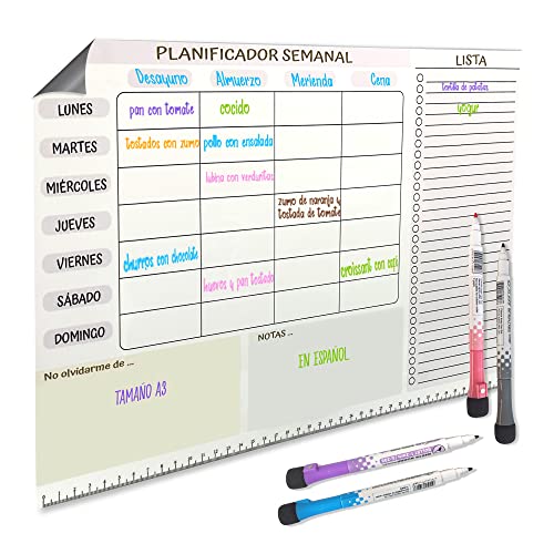 Planificador semanal magnetico - A3 - Pizarra magnetica nevera - Calendario magnetico nevera - 4 marcadores de color - Lista de la compra - Notas - En español