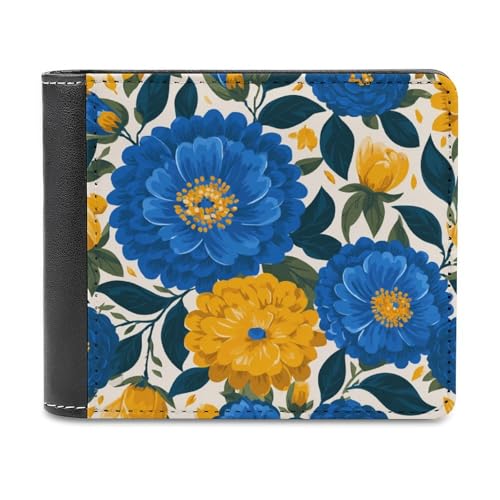 Yellow Blue Flowers Soft PU Leather Bifold Wallet, Coin Purse Credit Pass Case, Durable Card-Holder Slim Billfold for Men Woman Money Storage
