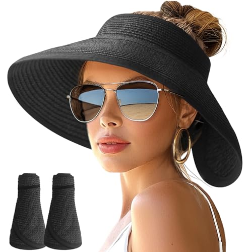 Image of NPJY Sun Hats for Women Wide Brim Roll-Up Beach Ponytail Hat Packable Foldable Travel Straw Visor