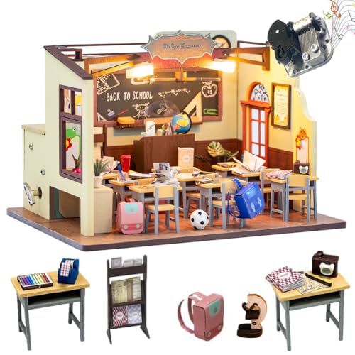 Cjeuxnr DIY Dollhouse Kit Miniature Classroom Wooden Model Handmade Room Building Set, with LED Lights and Music for Friends Teachers Best Graduation Christmas (Without Dust Cover)