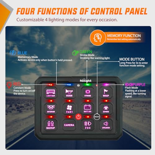 Image of Nilight 12 Gang Switch Panel APP RGB 12V 24V Circuit Control System 4-Mode | Fuse Wiring Harness Automatic Dimmable LED Pod Toggle /Momentary /Strobe /Flash Modes for Car Pickup Truck Camper SUV