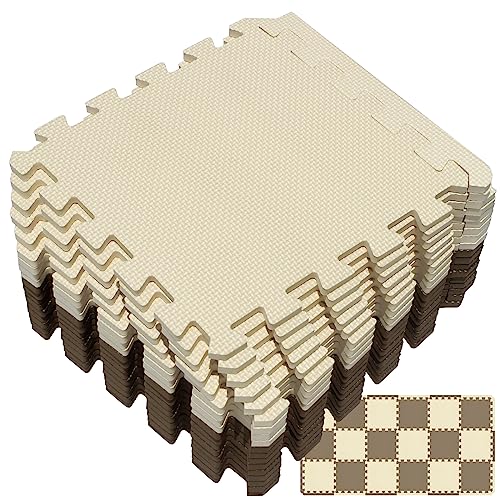 Image of Yostrong® 18 Tiles Interlocking Puzzle Foam Baby Play Mat with Straight Edges for Playing - EVA Babies Crawling Mat | Rubber Floor Work Out Mats for Home Gym. Brown, Beige. YOC-FJb18S18