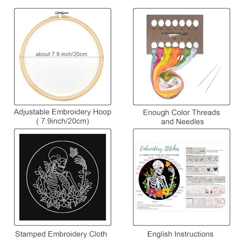Image of Louise Maelys Halloween Embroidery Kit with Skeleton, Flower and Butterfly | DIY needlepoint kit complete set, the cross stitch kits includes fabric hoop threads needles and instructions