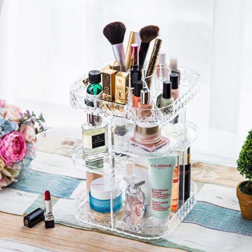 Makeup Organizer 360-Degree Rotating Cosmetic Storage Box, Diy Adjustable Large Capacity Cosmetics Display Case Square Makeup Shelf With Diamond Pattern #TOP1