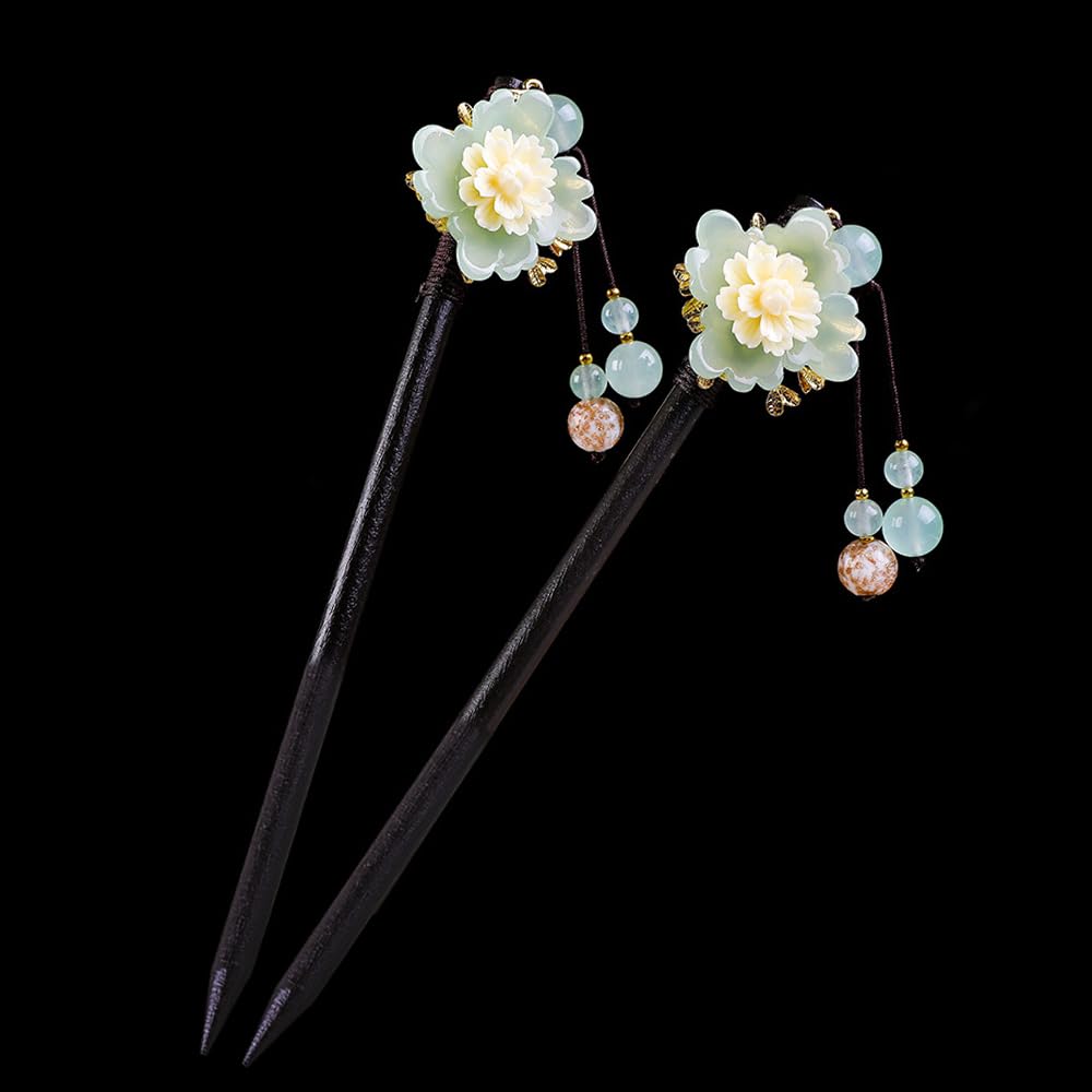 Yitexin 2 Pcs Wooden Chinese Hair Sticks for Long Hair Vintage Retro Hair Chopsticks for Women Bun Elegant Flower Tassel Chinese Hair Pins Chignon (Cymbidium)