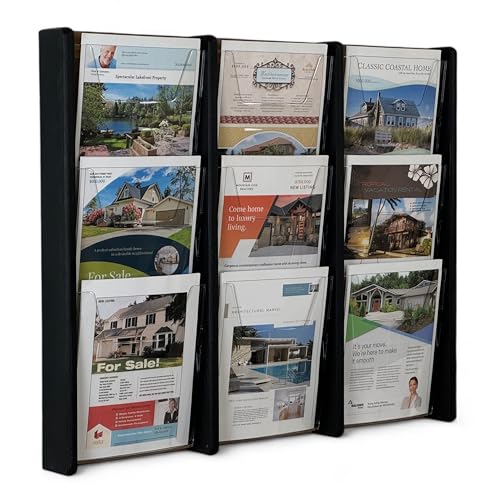Wooden Mallet Stance 9 Pocket Wall Display Magazine Rack, Black/Medium Oak