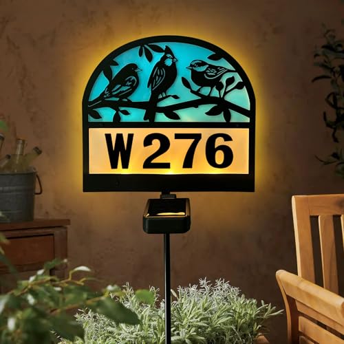 VividLadybug Solar Address Signs for House, Metal House Numbers with Bird Decor, Outdoor Yard Sign Stake for Garden, Driveway & Home Decor