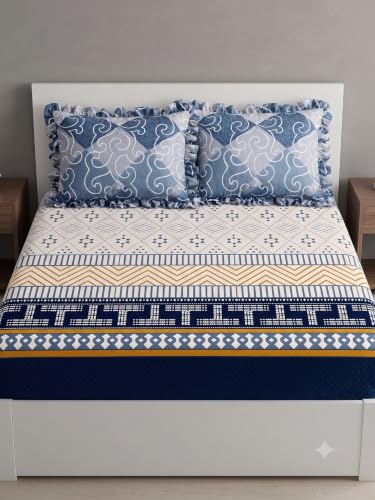 Image of DECOMIZER 300 TC Soft Cotton Feel Microfiber All Around Elastic Fitted Super King Bedsheet with 2 Frill Pillow Covers King Size (72x78) Fits Upto 12 inches Mattress | Blue T