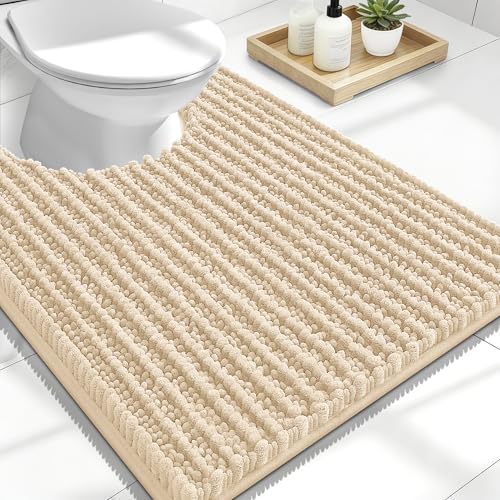 Image of OLANLY Toilet Rugs U Shaped 24x20, Thick Soft and Absorbent Chenille Contour Bath Mat, Non-Slip Rubber Backing, Machine Washable Quick Dry Toilet Mat, Home Decor Accessories, Beige