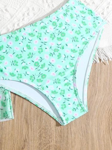 Image of Girl's 3 Piece Floral Shirred Bikini Swimsuit with Skirt Cover Up Bikini Set Bathing Suit Cyan 140