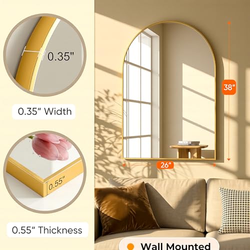 Image of Antok Arched Bathroom Mirror, 26 inchx38 inch Wall Mounted Mirror, Vanity Mirrors for Over Sink, Aluminum Alloy Frame Bathroom Mirrors Living Room, Bedroom and Entryway, Gold