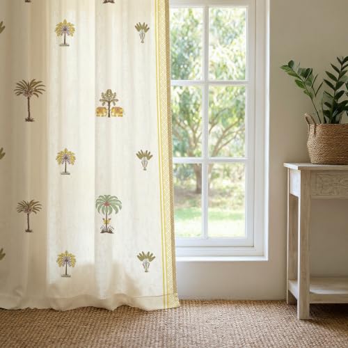 Image of Urban Space 100% Cotton Floral Curtains 8 Feet Long Set of 2, 60-65% Room Darkening, Decorative Curtains with Eyelets /Rings for Hanging, Tieback Included (Madhavi Yellow, Long Door - 8 Feet)